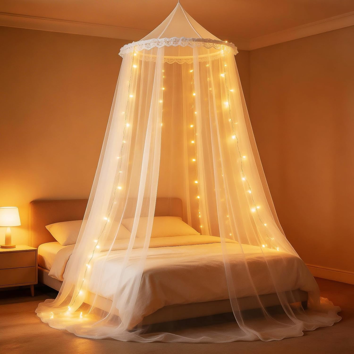 Mosquito Net for Bed Canopy for Girls, Twin to Queen Size Bed Canopy Curtains from Ceiling, Dome Mosquito Netting Bed Tent for Bedroom Decorative, Travel with Storage Bag (Lace Flower)