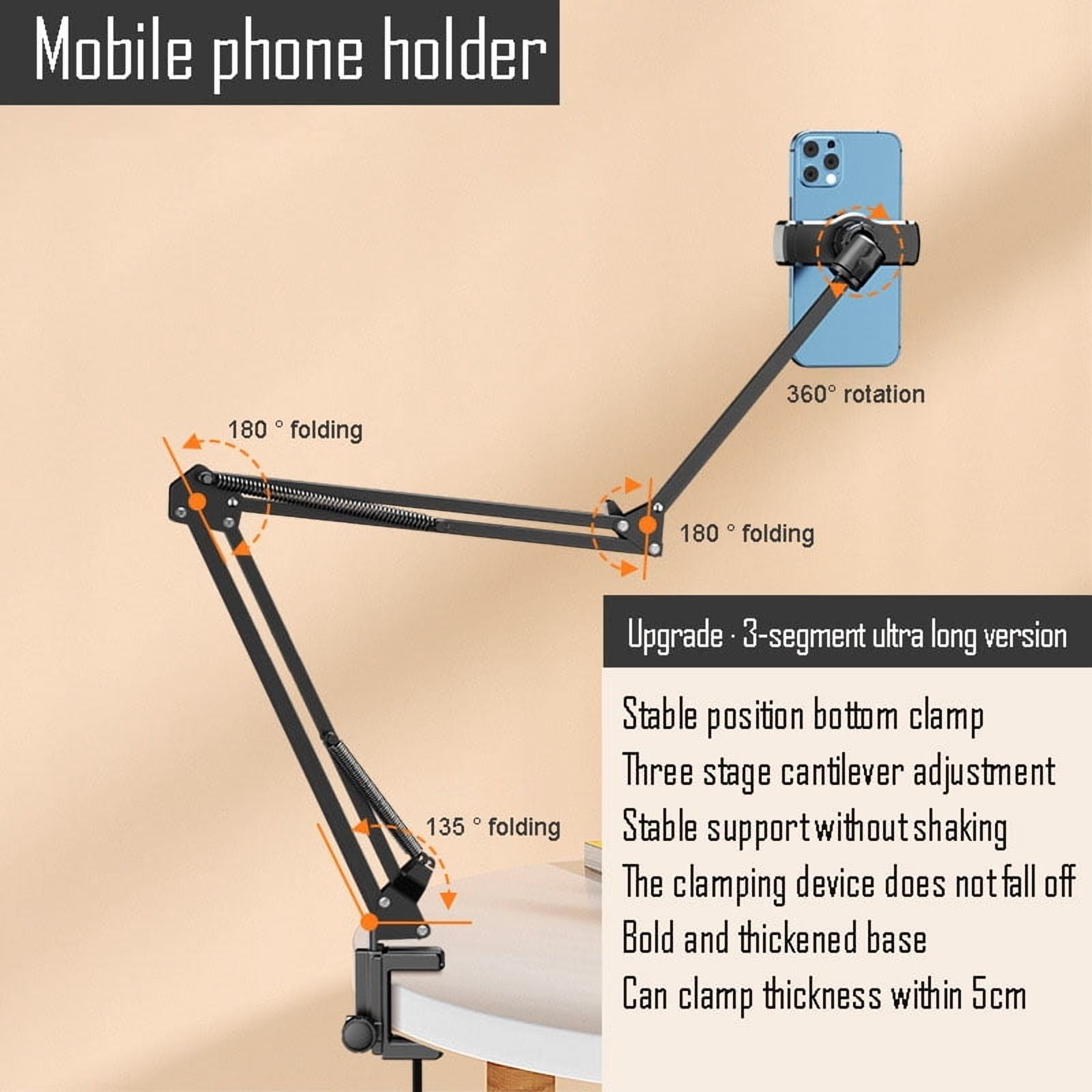 Phone Holder for Desk, Phone Holder for Bed with Adjustable Clamp Clip, Flexible Phone Stand Lazy Bracket Mount Long Arms Clamp for iPhone, Samsung, Google Pixel, Moto,Mobile phone-specific