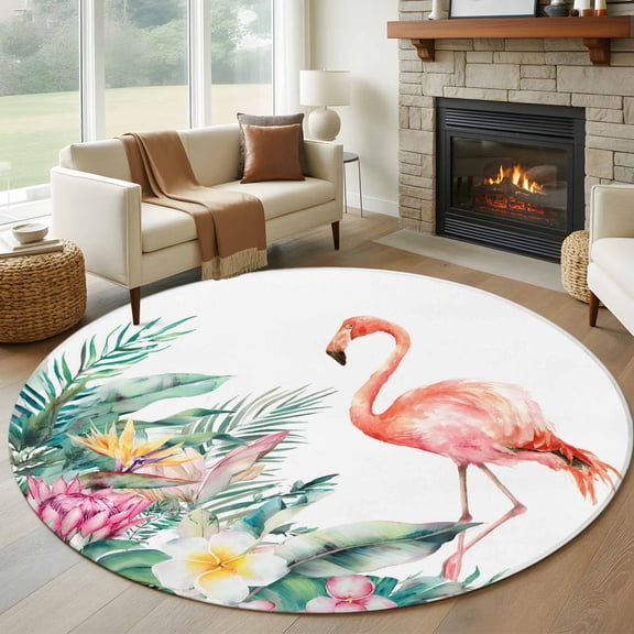 Pink Flamingo Round Area Rug 7Ft Washable Circle Rugs for Dorm Laundry Room, Watercolor Summer Botanical Floral Non-Slip Carpet Floor Mats Indoor Outdoor Carpet Runner Aesthetic Home Decor