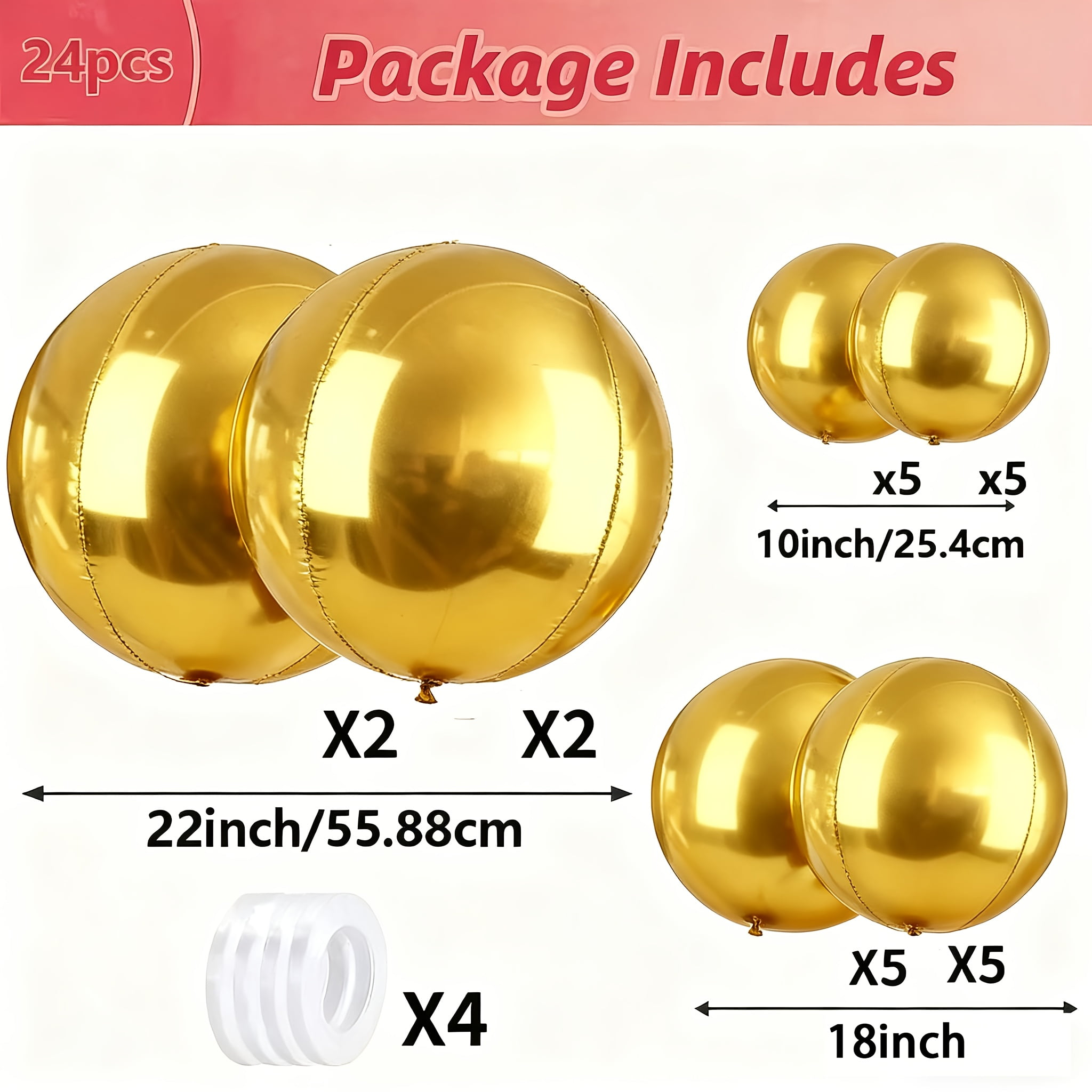 24pcs/set Golden 4D Metallic Foil Balloon Set- 10/18/22 Inch Glossy Balloons, Suitable for Weddings, Christmas, New Year, Halloween, Birthdays, Valentine's Day & Engagement Party Decorations
