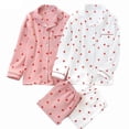 thumbnail image 2 of Conjunto de pijamas con estampado de corazón para mujer, ropa de casa de algodón crepé, doble capa, gasa, cuello vuelto, pantalones de manga larga, Primavera, nuevo, 2 of 4