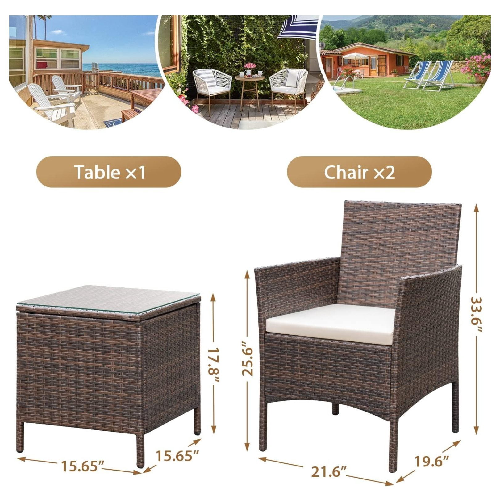 Patio Chairs Set of 2 Outdoor Front Porch Furniture Bistro Set 3 Piece Wicker Patio Chairs Balcony Furniture for Backyard Patio Balcony Lawn Pool (Brown)