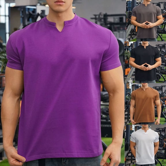 DODADAWANJ Cotton Shirts for Men Notch V Neck Workout T Shirt Summer Casual Short Sleeve Shirt Big and Tall Solid Color Basic Tees White XL
