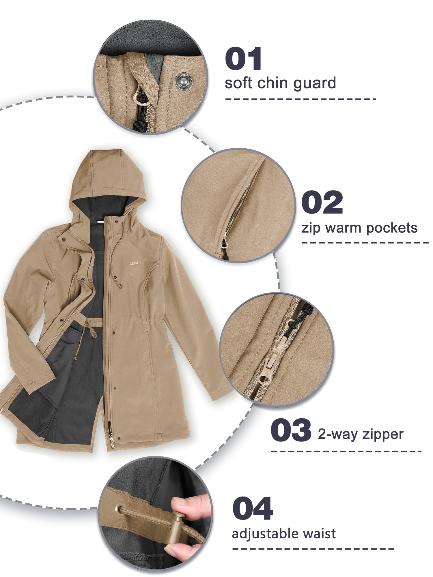 33,000ft Women\'s Softshell Lined Warm Hood Long Windbreaker up with Windproof Jacket Waterproof Fleece