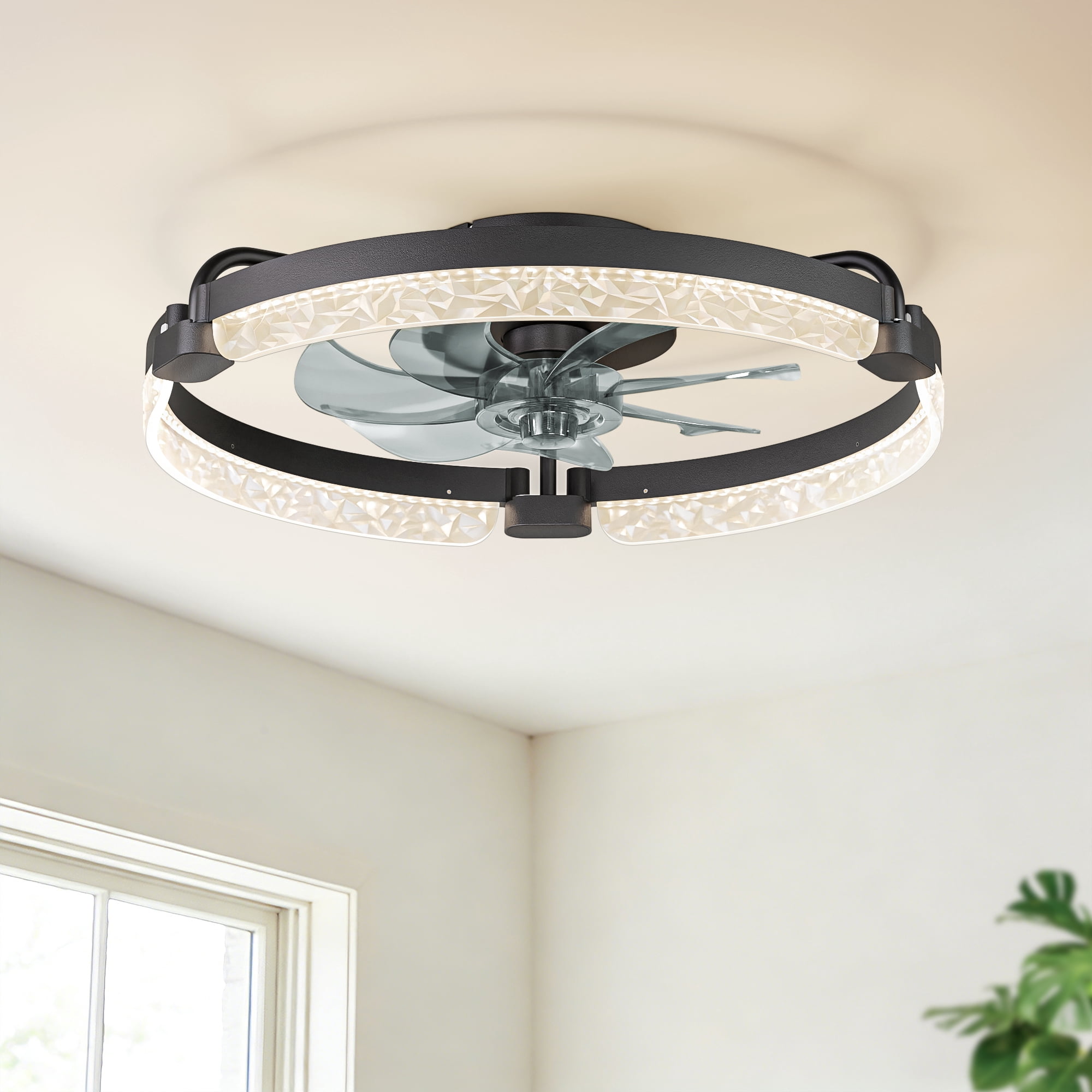 EDISHINE 20'' Low Profile Ceiling Fan with Light and Remote, Dimmable 3000K-6000K LED, 6 Speeds, DC Motor, APP Control, Modern Black Flush Mount Fandelier for Bedroom Kitchen