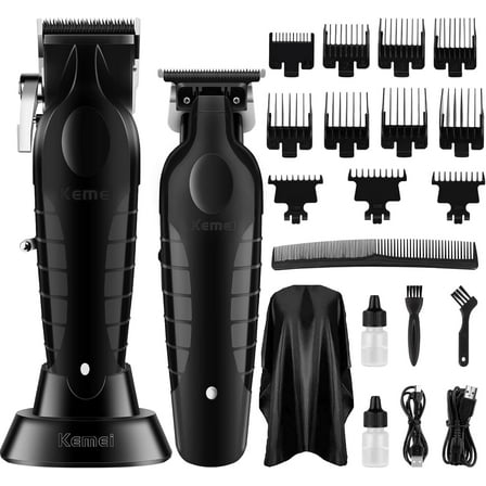 KEMEI Black Professional Hair Clippers and Trimmers Set, Electric Hair Clippers for Men, Cordless Barber Clippers, T Blade Trimmer, Rechargeable Haircut Fade Clippers