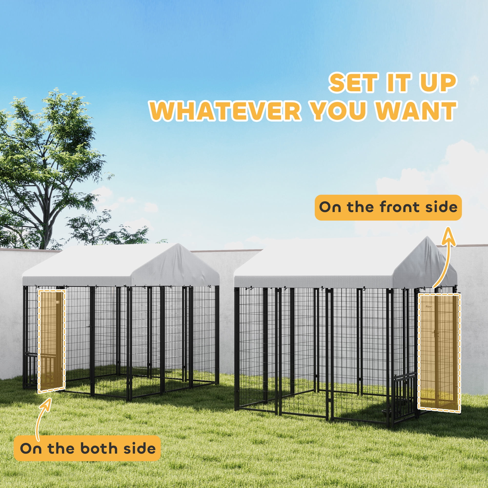 PawHut Outdoor Dog Kennel with Roof, 5.9' x 5.9' x 6' Heavy Duty Welded Wire Dog Playpen Fence with Rotating & 4-Level Adjustable Feeding Bowls