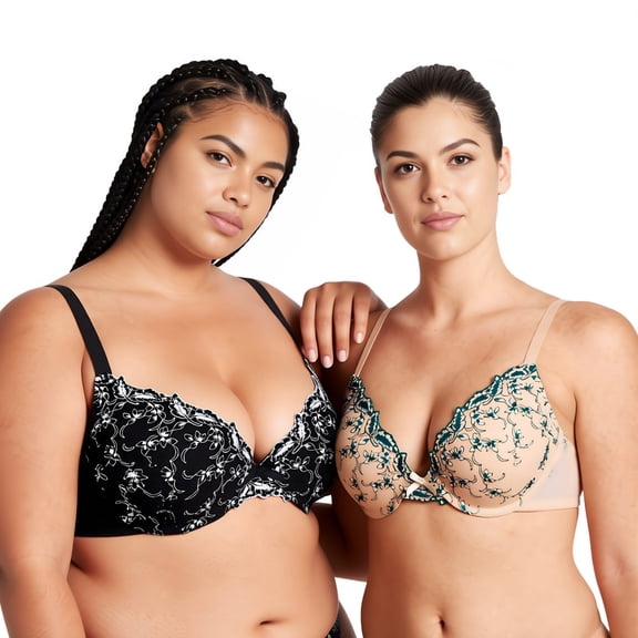 Curve Muse Women's Plus Size Add 1 Cup Push Up Underwire Lace Embroidery Bras-2PK-NUDE,BLACK-32B