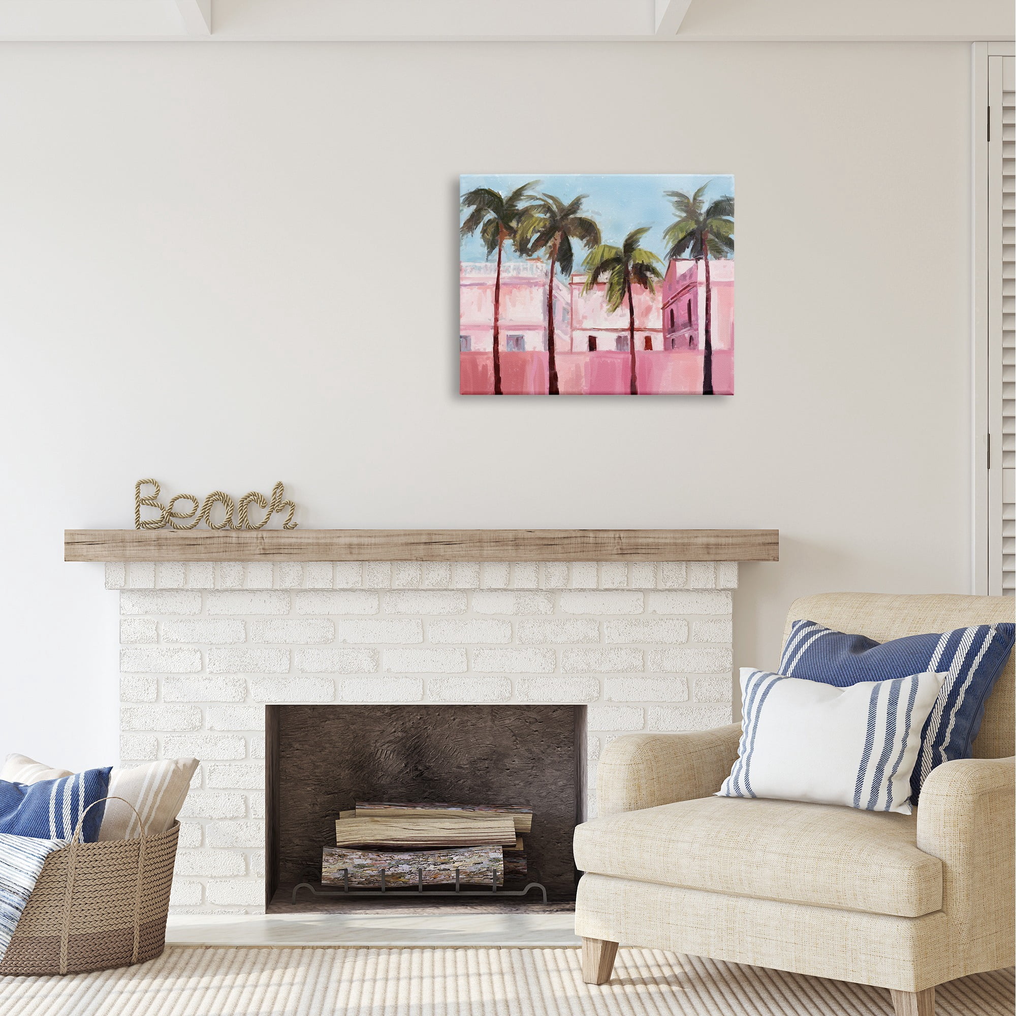 Stupell Industries Tropical Pink Buildings Botanical & Floral Painting Gallery Wrapped Canvas Art Print Wall Art, 30 x 24