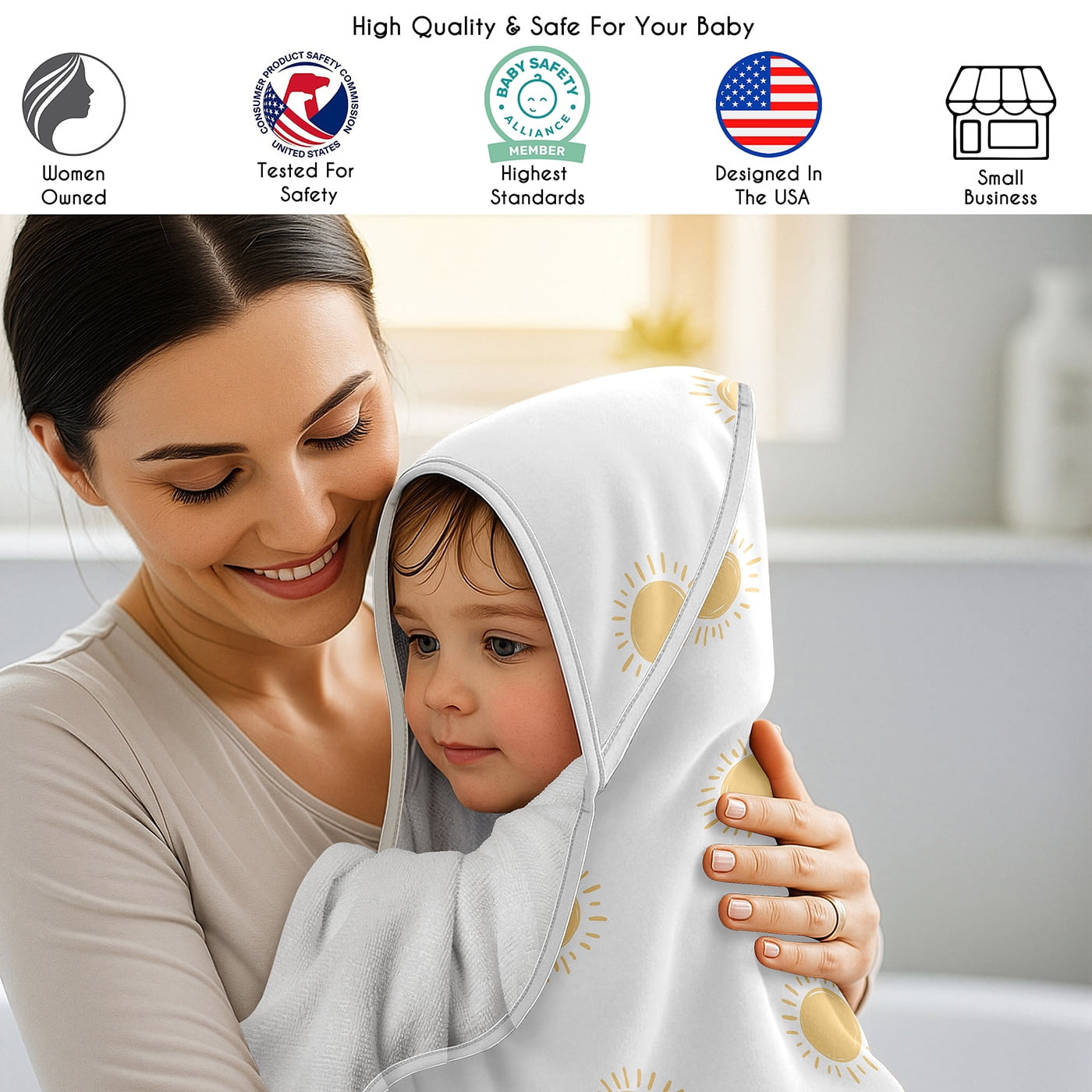 Sweet Jojo Designs Boho Sun White and Mustard Boy, Girl, Unisex/Gender Neutral Hooded Baby Towels - Toddler Bath Towel