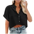 thumbnail image 2 of Qetyuw Womens Button Down Cropped Shirts Elegant Rolled Short Sleeve Tshirts Casual Solid Lapel Blouses with Chest Pocket Basic Lightweight Baggy Tops, 2 of 7