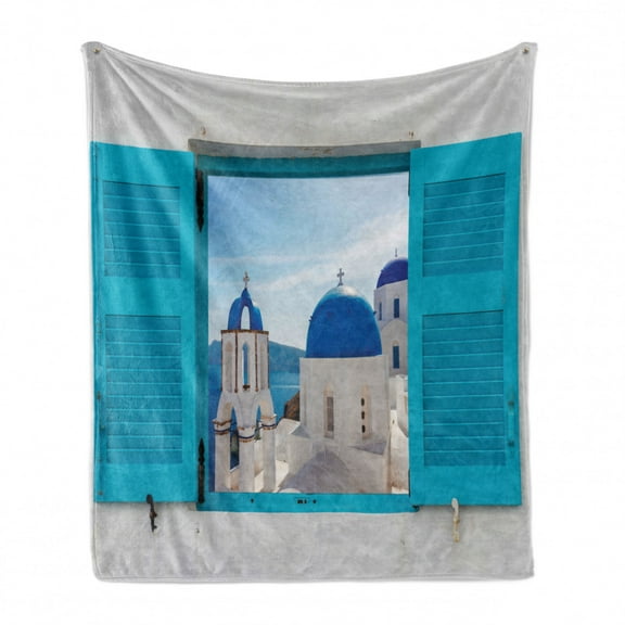 Landscape Soft Flannel Fleece Throw Blanket, Window View of Classical Building Domes Oia Santorini Greece Travel, Cozy Plush for Indoor and Outdoor Use, 50" x 70", Aqua Blue White, by Ambesonne