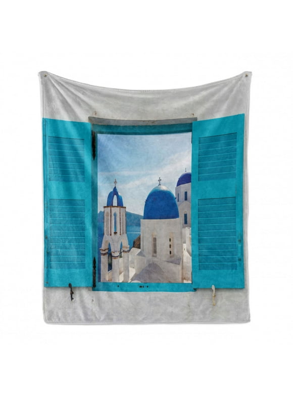 Landscape Soft Flannel Fleece Throw Blanket, Window View of Classical Building Domes Oia Santorini Greece Travel, Cozy Plush for Indoor and Outdoor Use, 70" x 90", Aqua Blue White, by Ambesonne