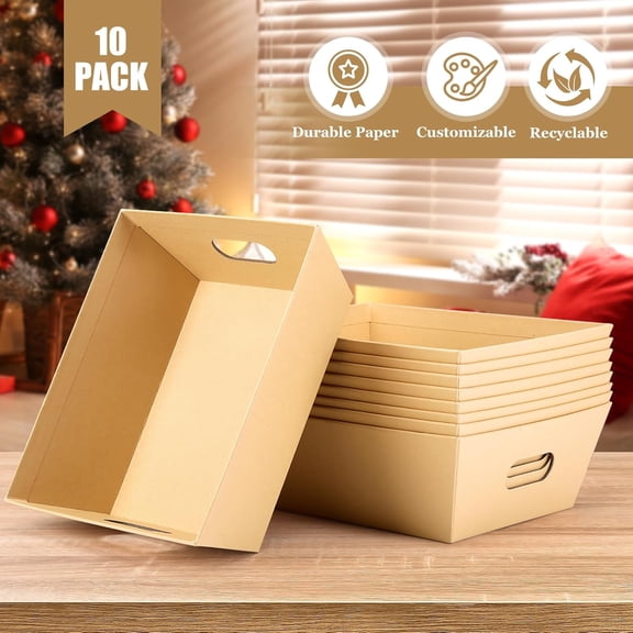 Empty Kraft Gift Baskets 10 Pack, 10x8" Thick Baskets with 10 Clear Gift Bags & 10 Pull Bows, Perfect for Holiday Gifts, Wedding, Birthday, Thanksgiving & Party Wrapping