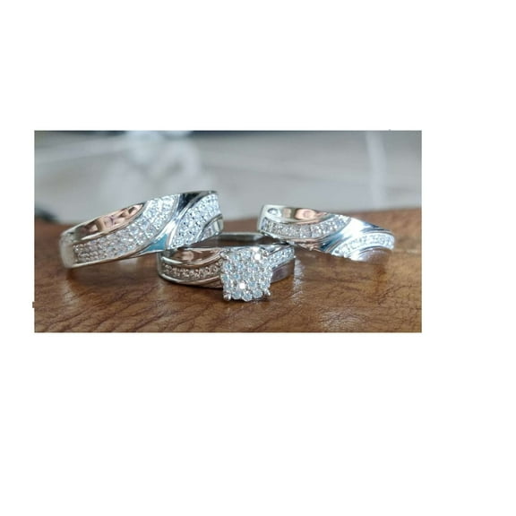 Hitanshu Jewels 3Pc Round CZ Engagement & Wedding Ring Set for Couples Silver Plated Finish