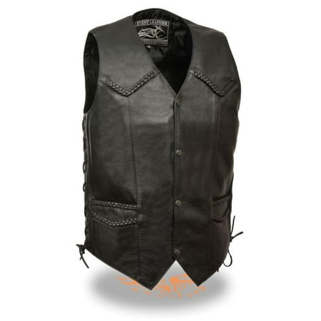 Classic Cowhide Vest - Milwaukee Event Mens Classic Side Lace Biker Vest w/Braiding Black