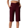 thumbnail image 2 of AHTJRT Yoga Capris for Women Crossover Front High Waisted Stretchable Sport Activewear Cropped Lounge Pants Comfy Straight Wide Leg Shorts with Pockets Wine L, 2 of 8