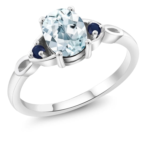 Gem Stone King 925 Sterling Silver Sky Blue Aquamarine and Blue Sapphire 3-Stone Rings for Women (1.29 Cttw, Gemstone March Birthstone, Oval 8X6MM, Size 6)