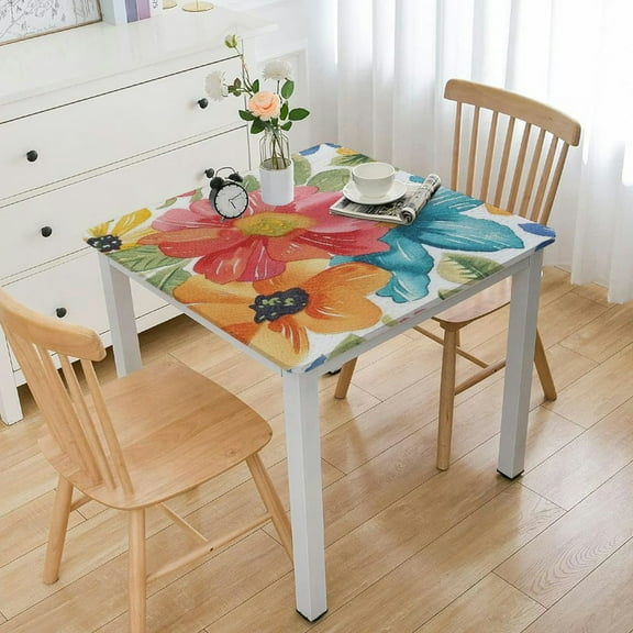 HAOXIT  Elastic Edged Flannel Backed Vinyl Fitted Table Cover - Floral Pattern - Fits Square Tables white