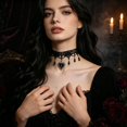 thumbnail image 5 of Leeye Witch Figure White Lace Gothic Choker Necklace For Red Heart Pendant Teardrop Bead Tassel Collar Jewelry Halloween Dark Pun Cosplay, 5 of 5