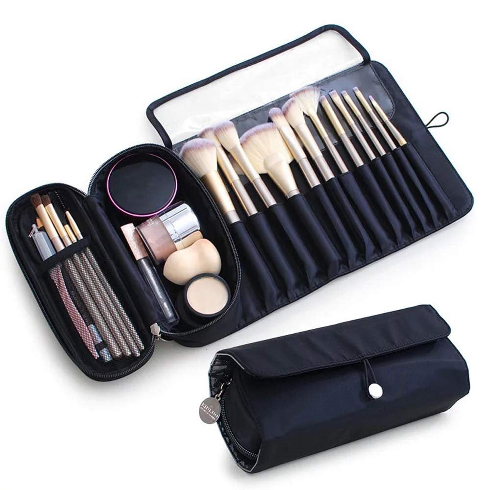 YUESI Rolling Makeup Brush Bag Cosmetic Brushes Organizer for Women Portable Travel Bag (Black)