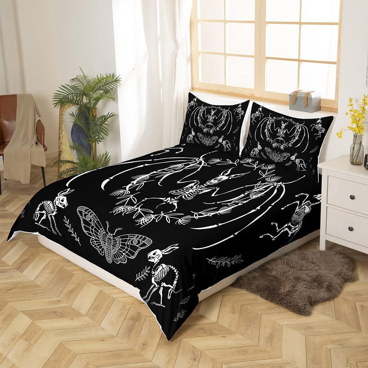 Bat Skeleton Skull Duvet Cover Queen Size for Kids Teens Adults Home Room Decor,  Boho Moth Gothic Skull Bedding Set 3pcs, Halloween Themed Comforter Cover  Horror Room Quilt Cover, 2 Pillowcases