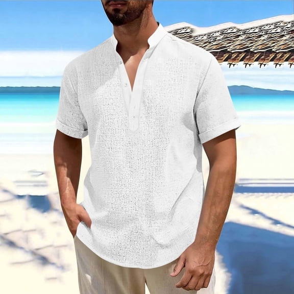 Wlynlyn T-Shirt for Men Summer Short Sleeve Button V Neck Beach Tshirts Casual Loose Vacation Solid Color Boho Tops
