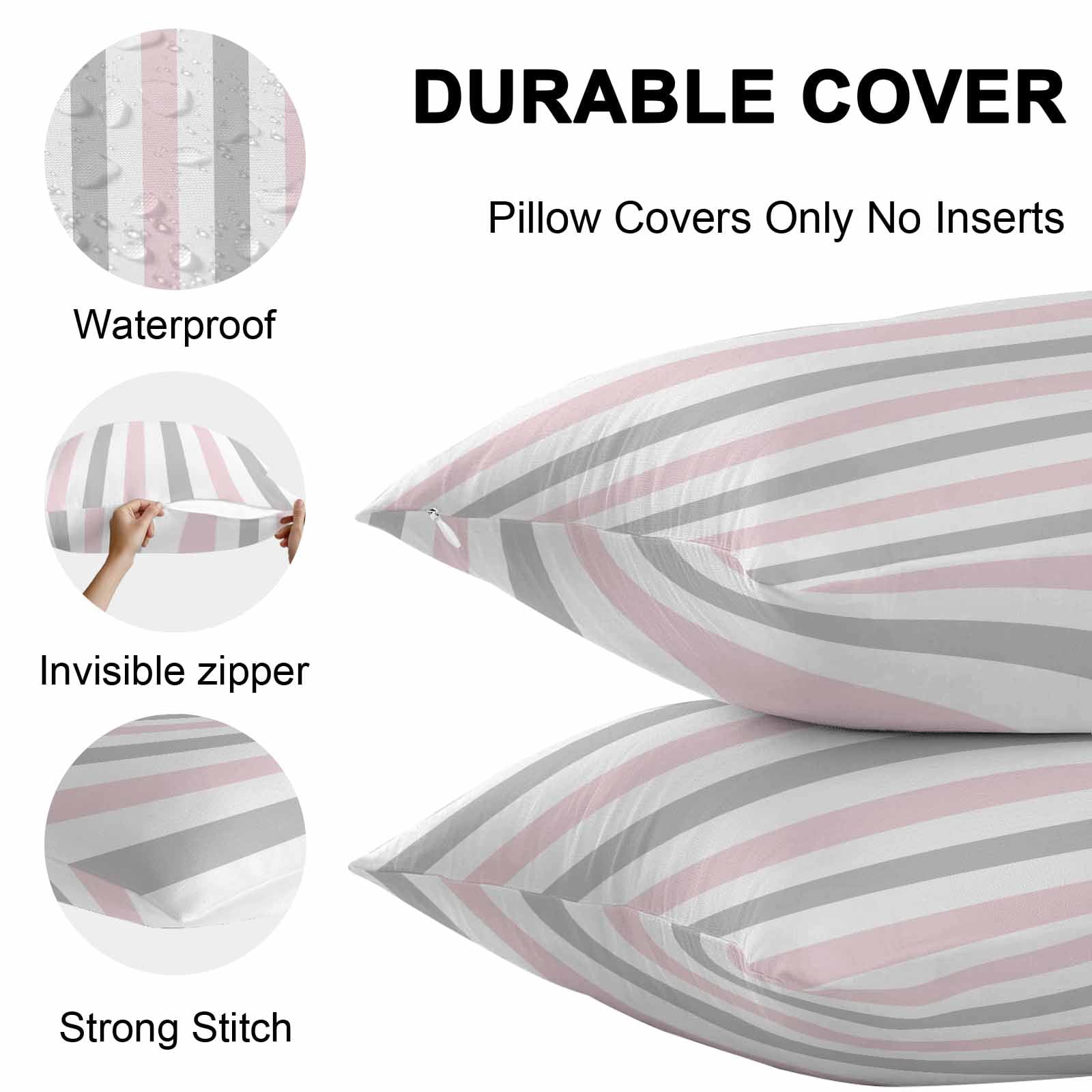 Outdoor Waterproof Throw Pillow Covers Set of 2 Pink Grey Striped Decorative Pillowcases Lumbar Outdoor Pillows Cushion Case 20x12 Inch Vertical Stripes Patio Pillows for Couch Sofa Bed Garden