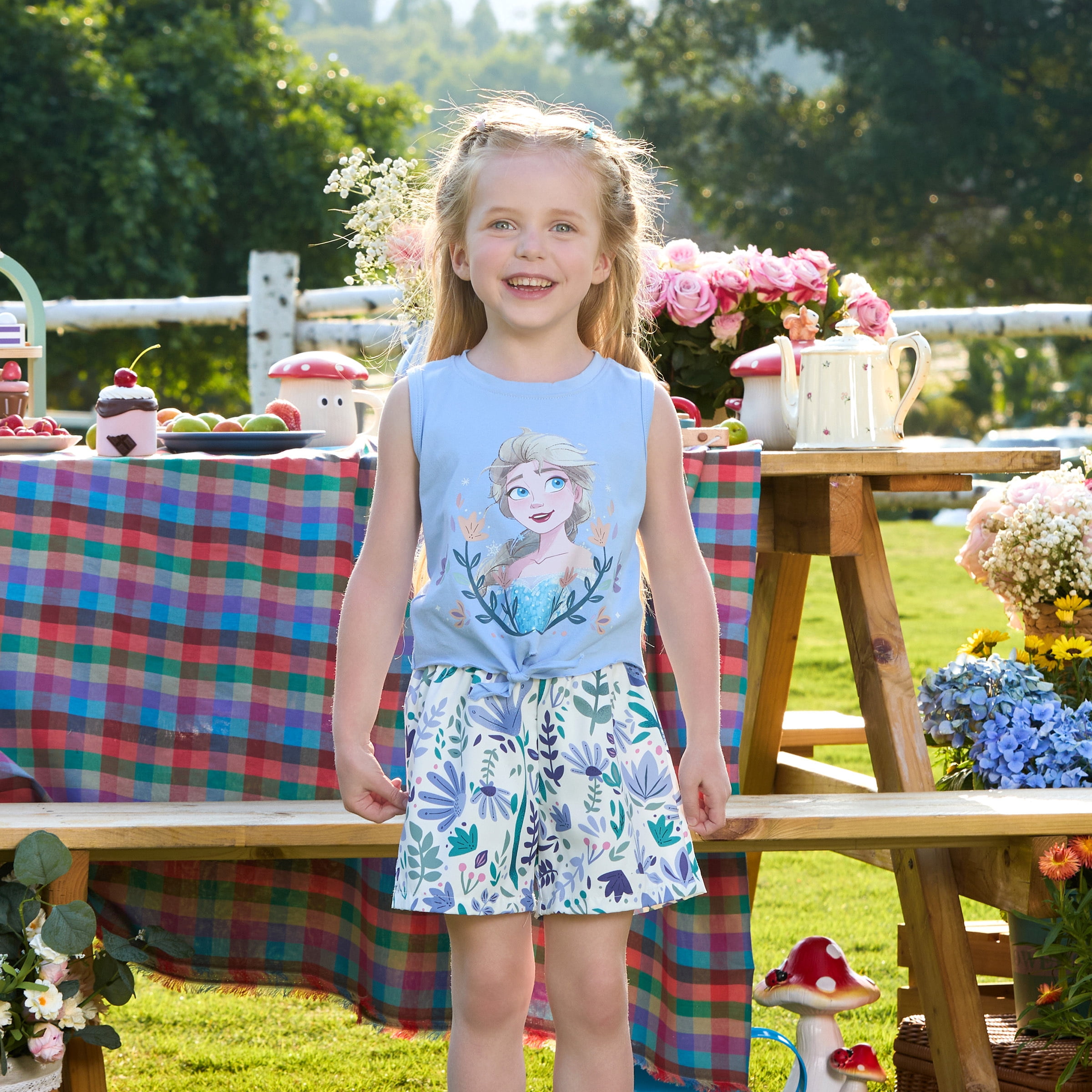 Disney Frozen Girls Elsa Graphic Tee Tank Top and Shorts Bottoms Blue Floral Summer Holiday Outfits Baby Toddlers 2T
