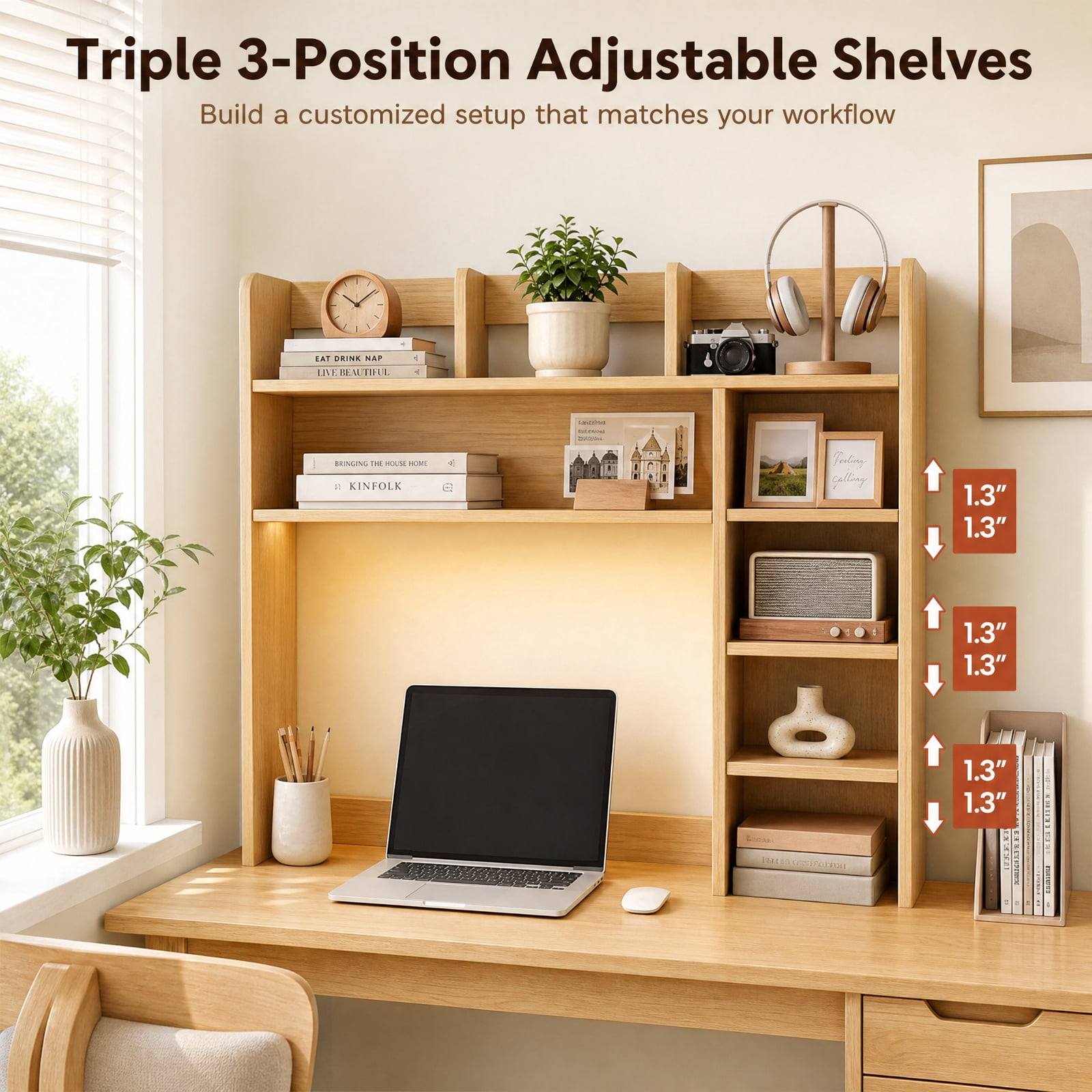 Furnibear Desktop Bookshelf with LED Lights 35.5 Inch Desk Hutch Storage Organizer and Adjustable Shelves for Home Office, Beige