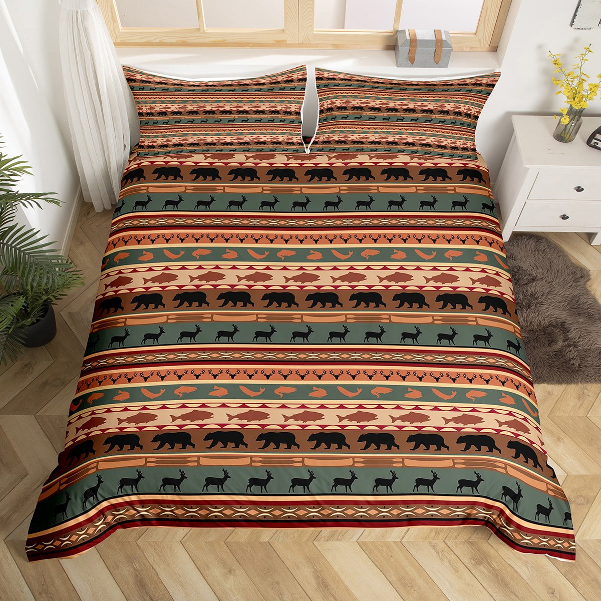 Rustic Duvet Cover Western Bedding Sets Full,Woodland Wildlife Bear Reindeer Elk Deer Comforter