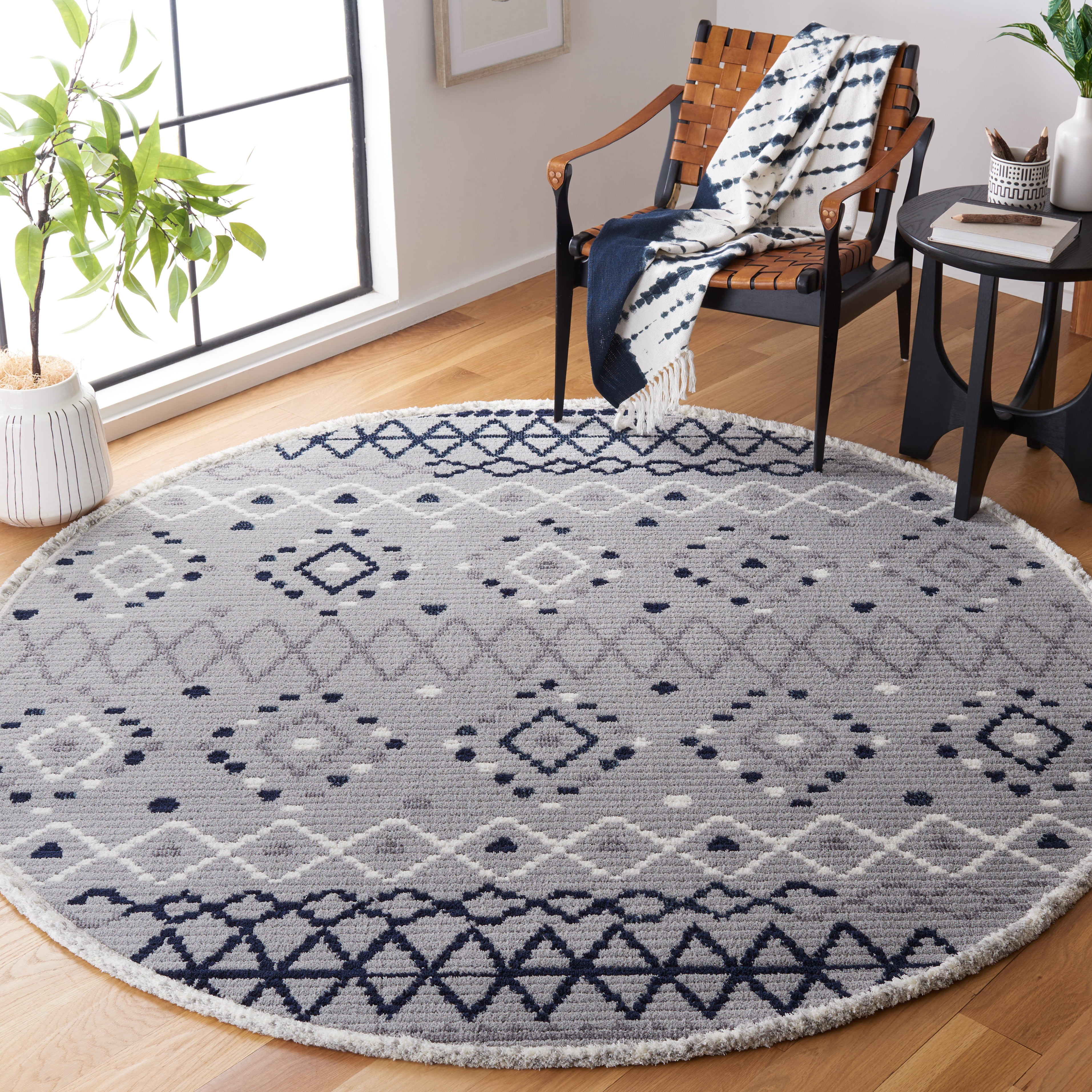 SAFAVIEH Marrakesh Dimas Southwestern Polyester Area Rug, Grey/Navy, 6'7" x 6'7" Round