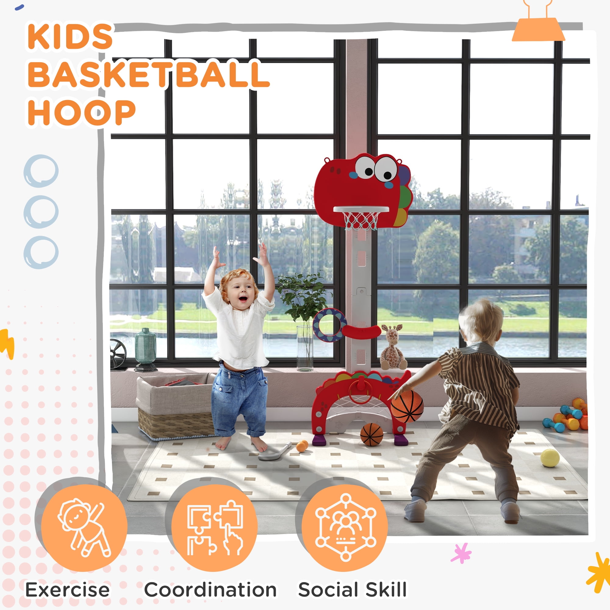 5-in-1 Kids Basketball Hoop, Toddler Sports Activity Center, 5 Level Adjustable Height Basketball Goal with Soccer, Golf, Ring Toss & Throw Ball Game for Boys Girls 3-6 Years Indoor, Red