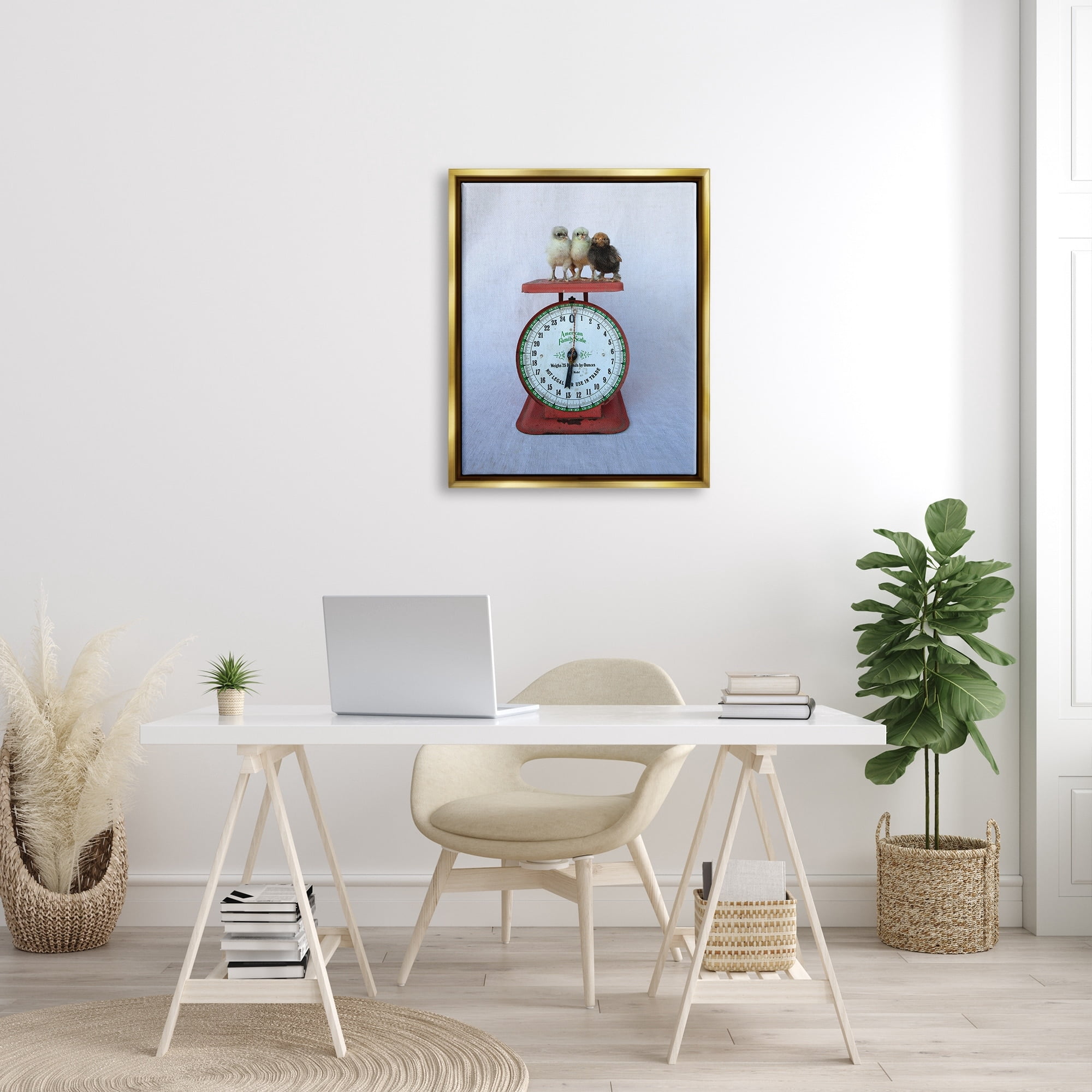 Stupell Industries Country Baby Chick Birds on Vintage Kitchen Scale Photograph Metallic Gold Floating Framed Canvas Print Wall Art, Design by Tania Soderman