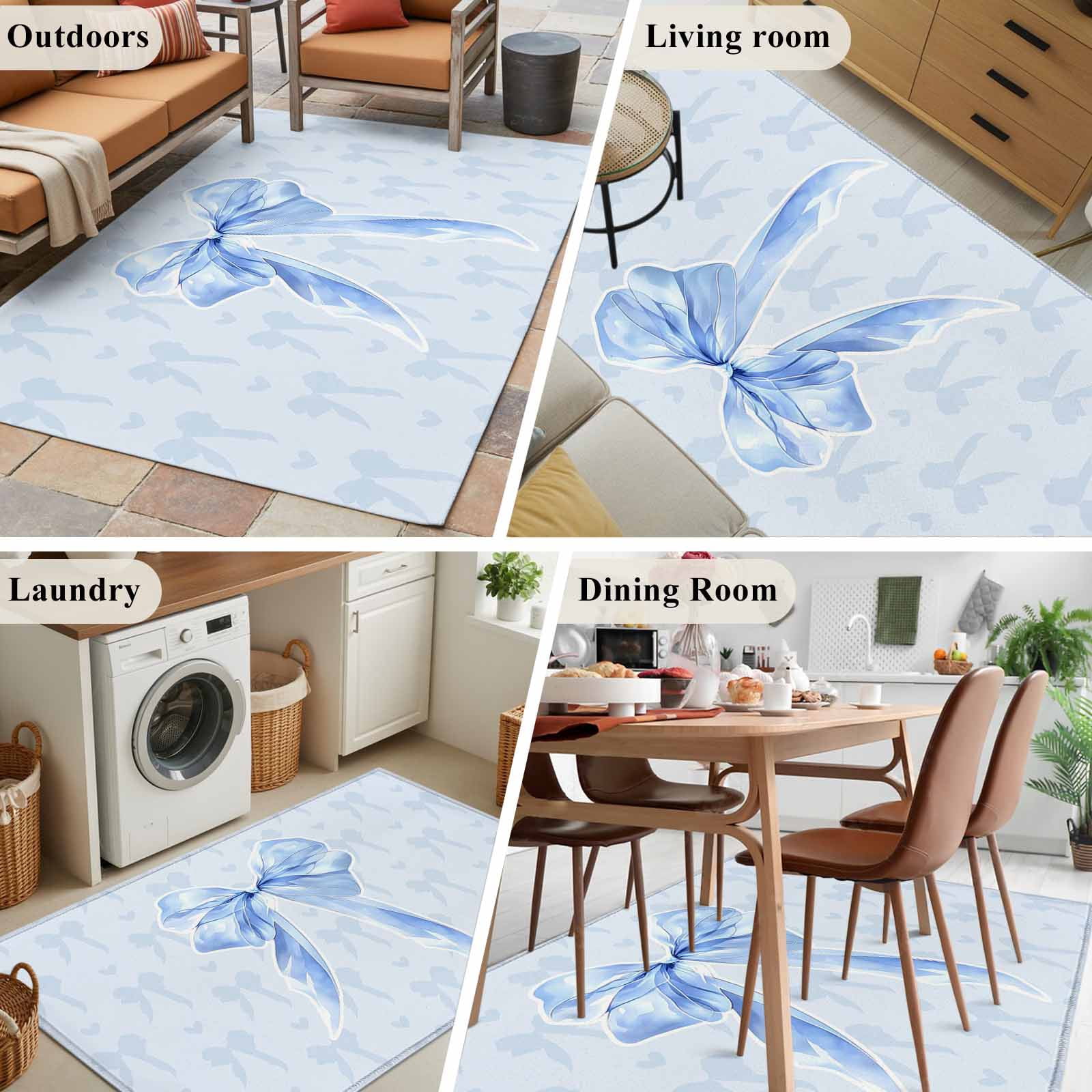 Cute Bow Area Rugs 4'x6', Washable Small Throw Rugs for Office Bathroom, Blue Bowknot Minimalist Solid Color Indoor Outdoor Rug Non-Slip Low Pile Carpet Runner Reversible Floor Mats
