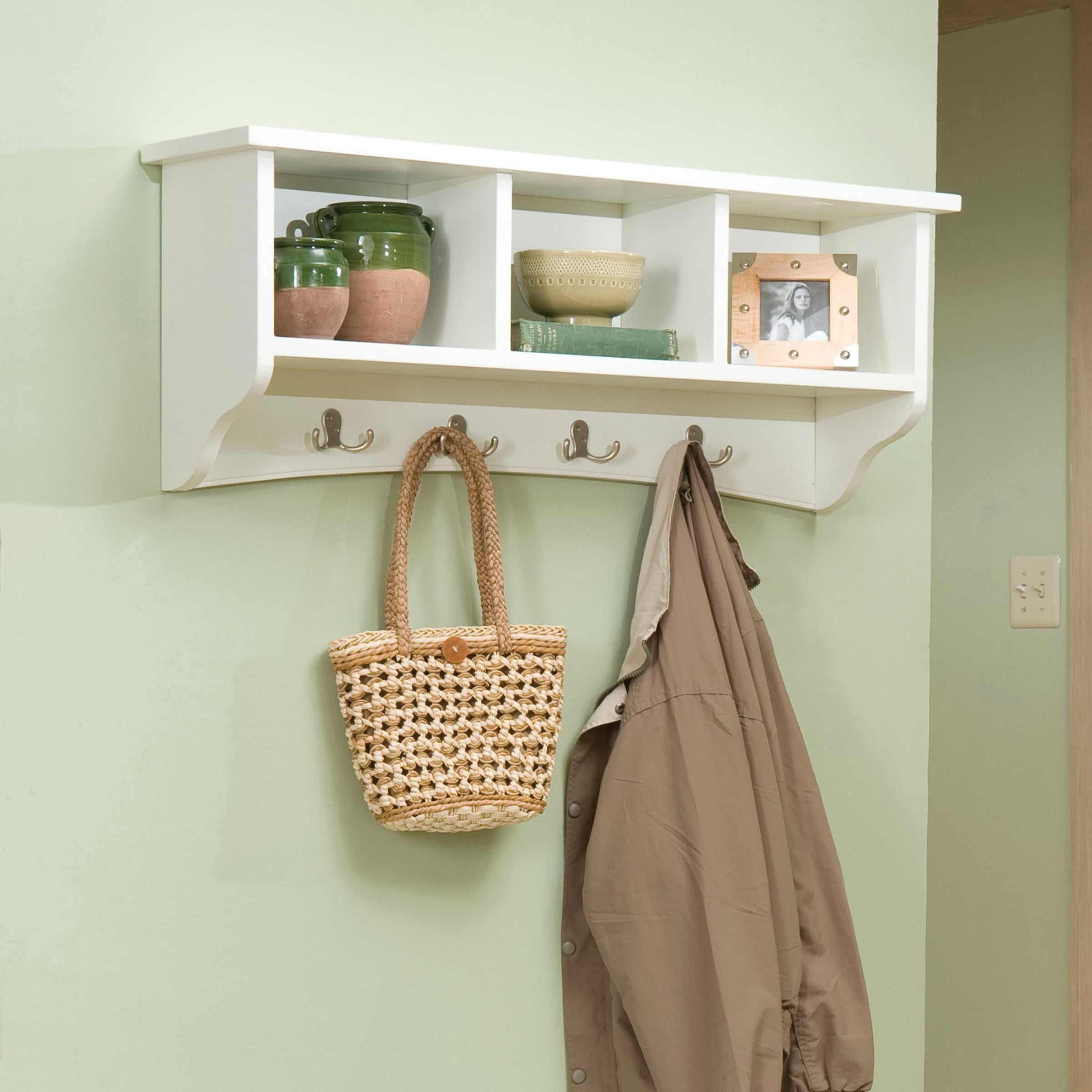 Alaterre Furniture Shaker Cottage Coat Rack with 3 Open Shelves, Wall Mounted Storage, Transitional Design for Entryway Storage Organization, Ivory