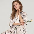 thumbnail image 4 of Women's Cat Print Satin Pajama Set Long Sleeve Button-Up Top with Elastic Waist Full-Length Pants - Large, Gray, 4 of 7