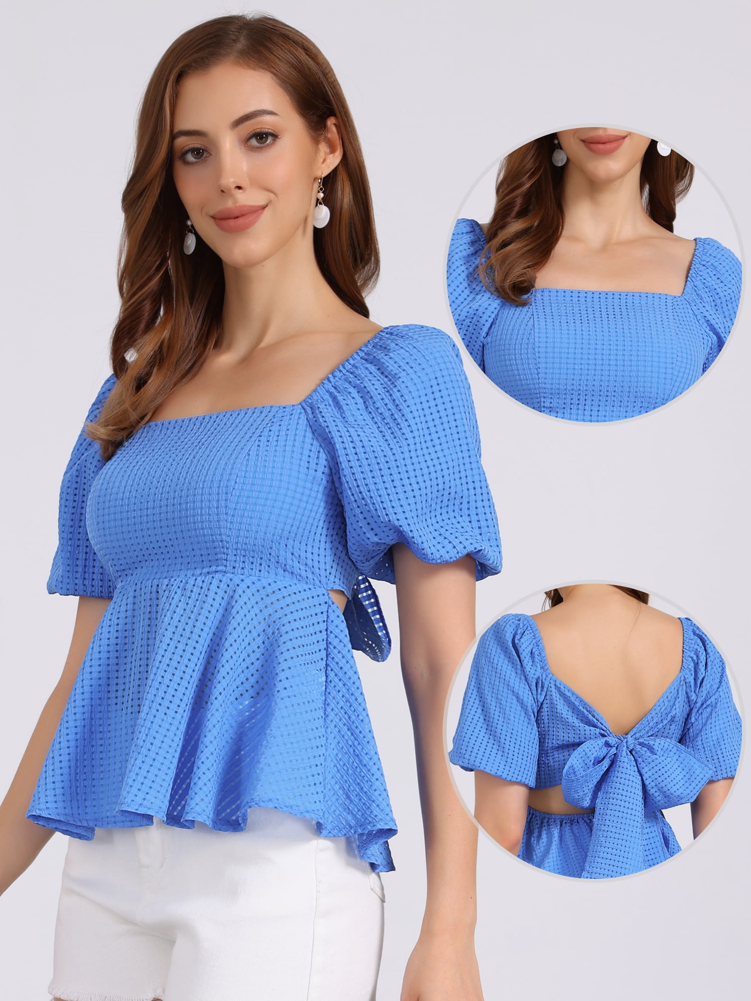 DARING DIVA Women's Peplum Square Neck Puff Short Sleeve Smocked Blouses S Blue