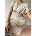 thumbnail image 3 of Apricot Linen V-Neck Petite Midi Dress With Lace Trim, High-Waist Pleated Slim Fit Elegant Vacation Dress, 3 of 7
