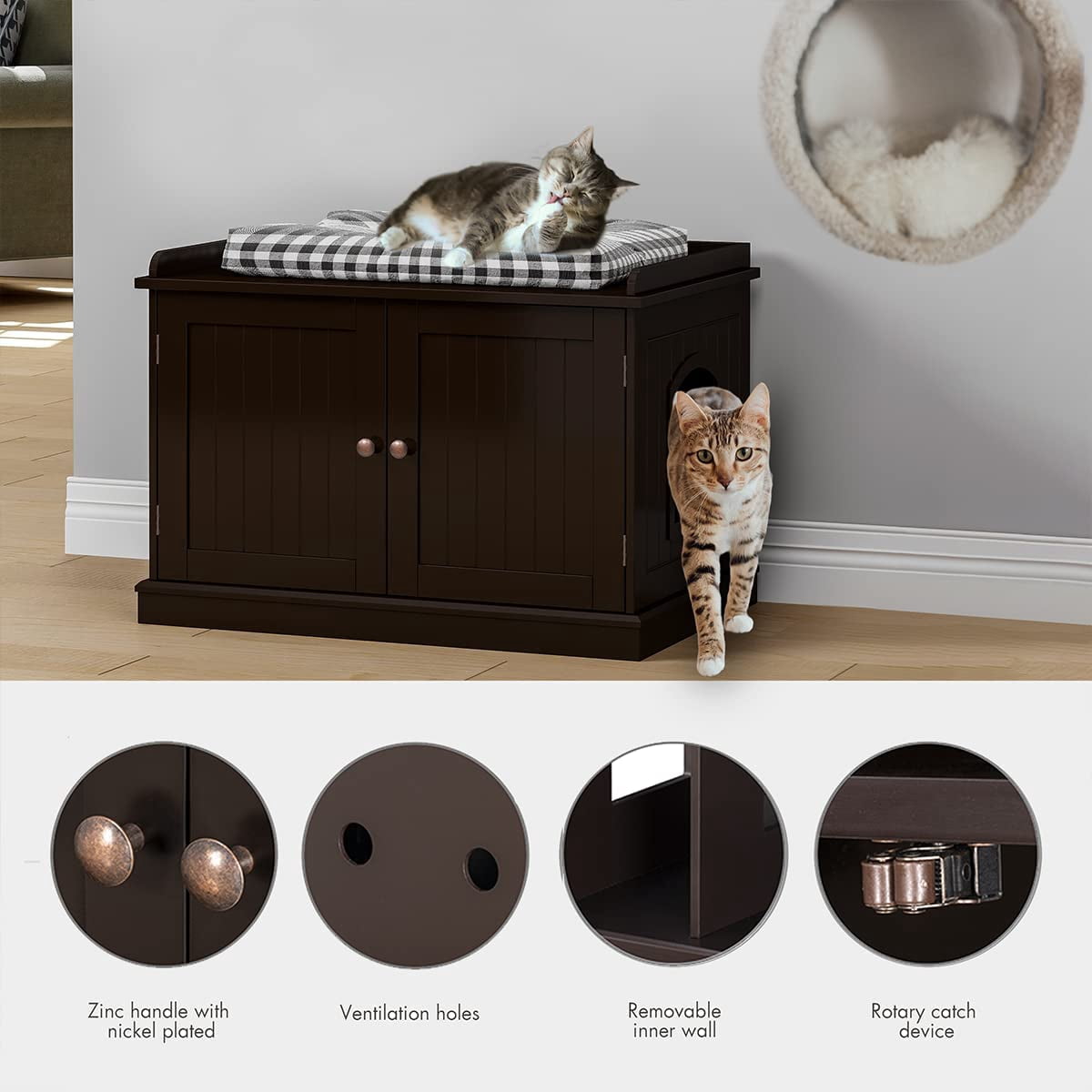 PAWLAND Lager Cat Washroom Storage Bench,cat Litter Box Enclosures -Espresso