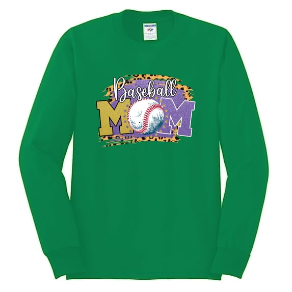 Baseball Mom Cheetah Glitter Sports Mens Long Sleeve Shirt, Kelly, Medium