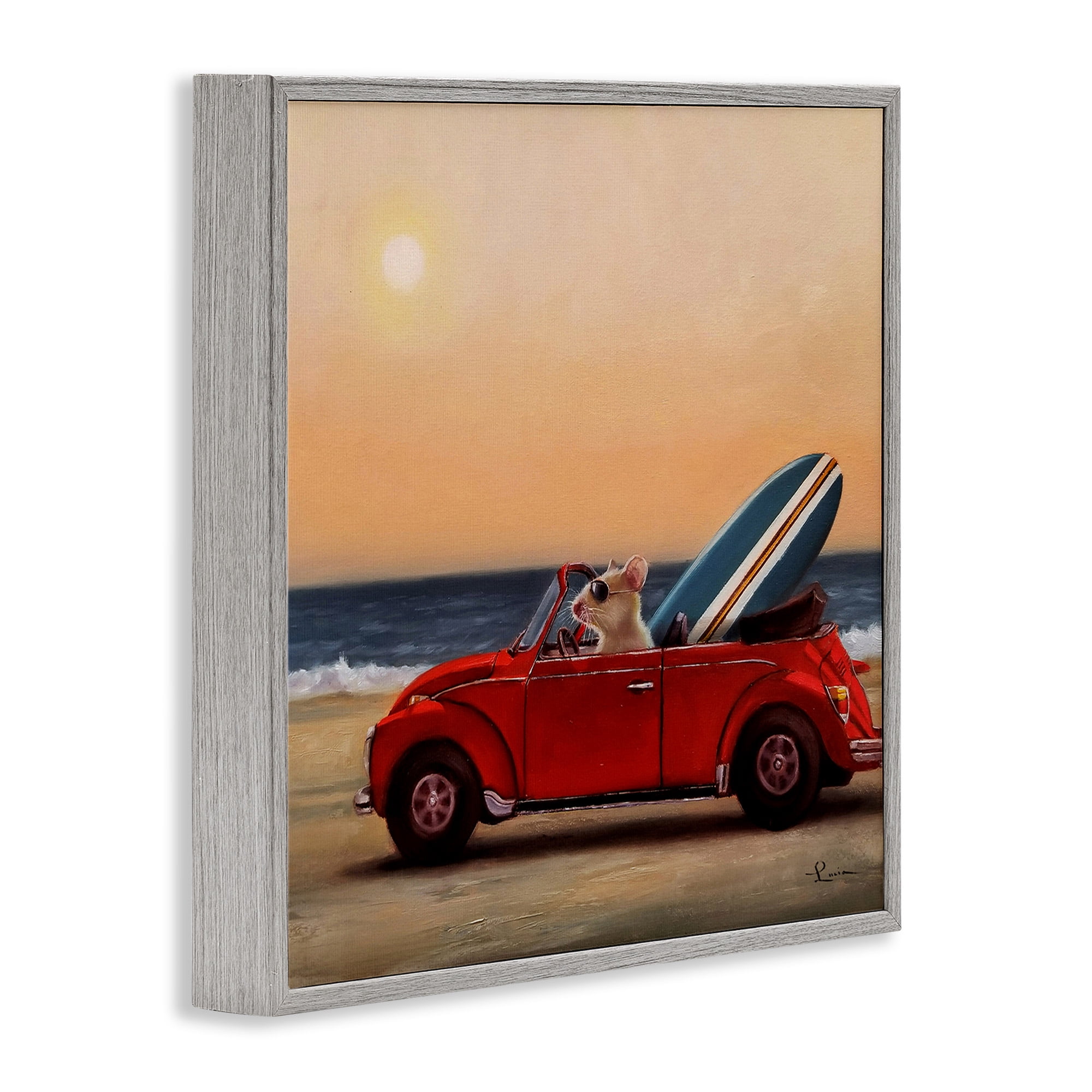 Stupell Industries Mouse Beach Coast Cruise Animals & Insects Painting Gray Framed Art Print Wall Art, 12 x 12