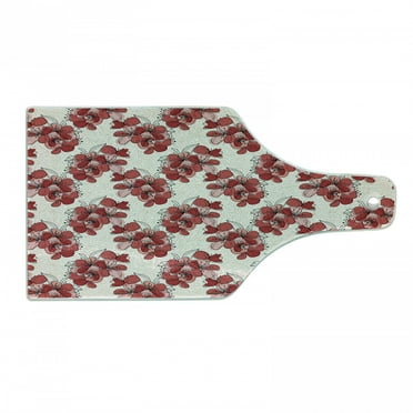 Floral Cutting Board, Japanese Culture Cherry Blossom Coming of the Spring Birth of the Nature, Tempered Glass Cutting and Serving Board, Wine Bottle Shape, Ruby Pale Pink Cream, by Ambesonne