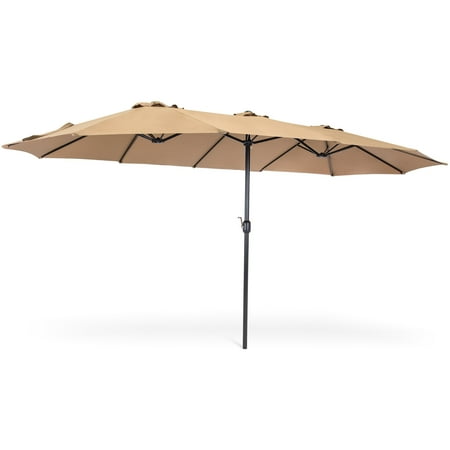 Crank Patio Umbrella Best Choice Products 15x9-foot Large Rectangular Outdoor Aluminum Twin Patio Market Umbrella with Crank and Wind Vents, Beige ()