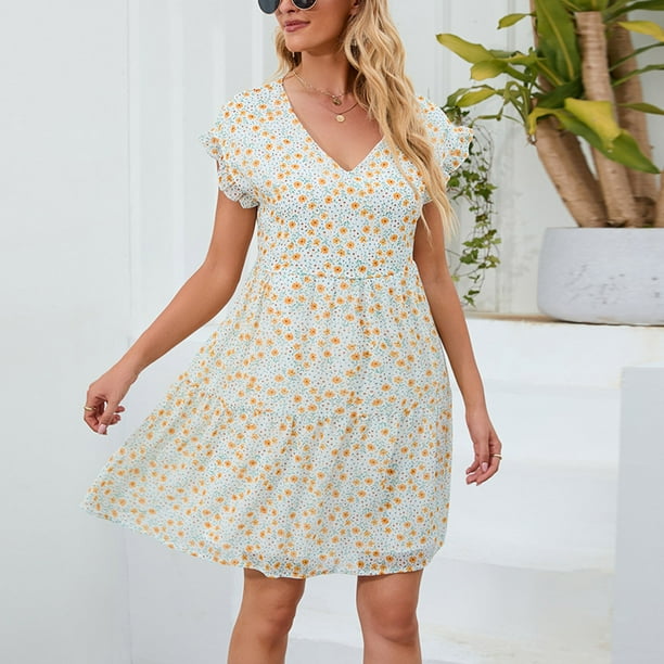 Sun Dresses Women Summer Casual Ruffle Short Sleeve Mini Dress V Neck Bohemian Floral Printing Beach Holiday Short Dress - Walmart.ca Sun Dresses Women Summer Casual Ruffle Short Sleeve Mini Dress V Neck Bohemian Floral Printing Beach Holiday Short Dress - Walmart.ca