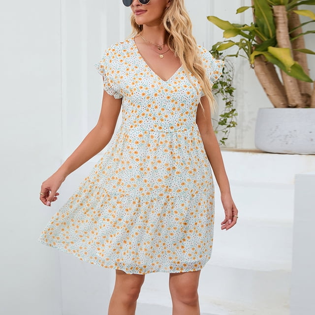 Robe Bohème pour Femmes Mignonne Col en V Imprimé Floral Volant Chiffon Décontractée Été Manches Courtes Ligne A Robe de Plage Mini