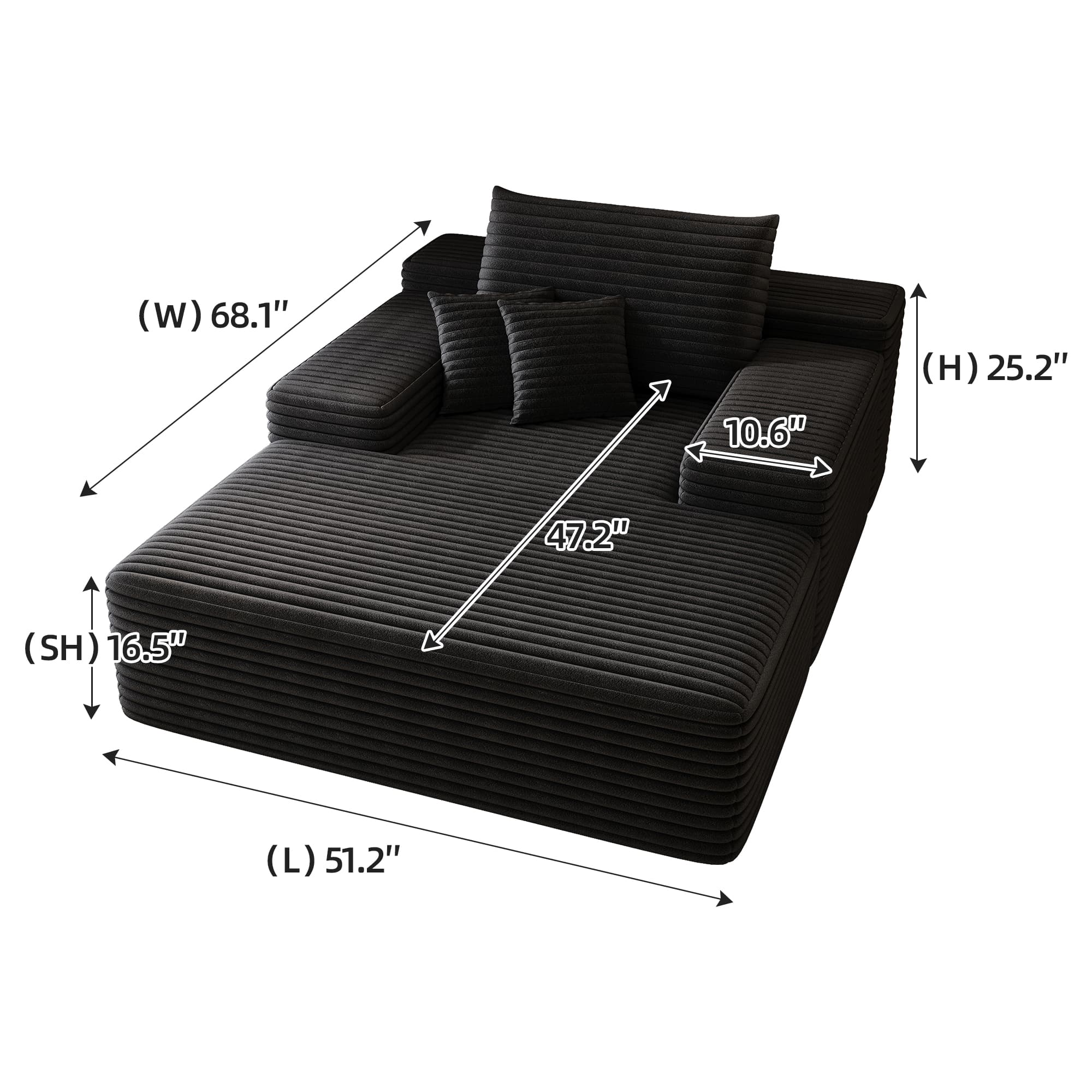 Leumius Oversized Chaise Lounge Chair Indoor Furniture, No Assembly Required, Plush Corduroy Upholstered Sofa Bed Cozy Sleeper Couch for Living Room, Bedroom, Black
