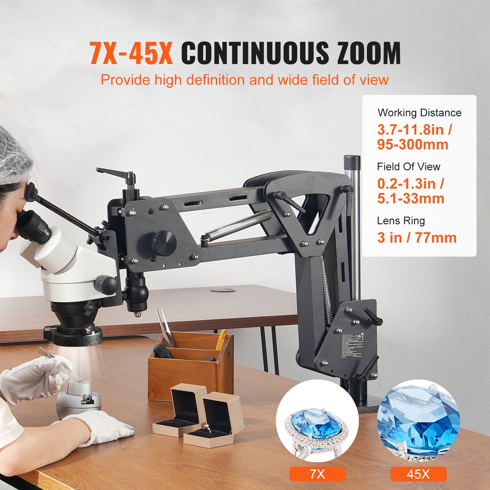 KFFKFF Multi-Directional Microscope with Adjustable Spring Bracket, 7X-45X Magnification Jewelry Microscope, Jewelry Inlay Stand with Built-In USB LED Ring Light and 360° Rotating Ball Vise