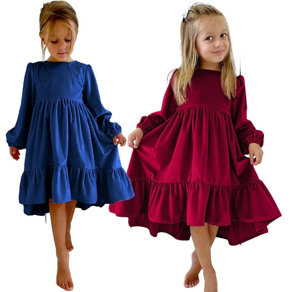 KYAIGUO Kids Girls Solid Colour Dress Velvet Dress Long Sleeve Ruffle Princess Dress for 7-12Y