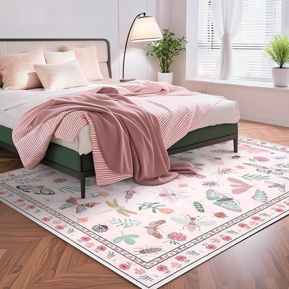 9x12 Modern Floral Insect Area Rug, Washable Non Slip Low Pile Stain Resistant Carpet for Living Room Bedroom,pink